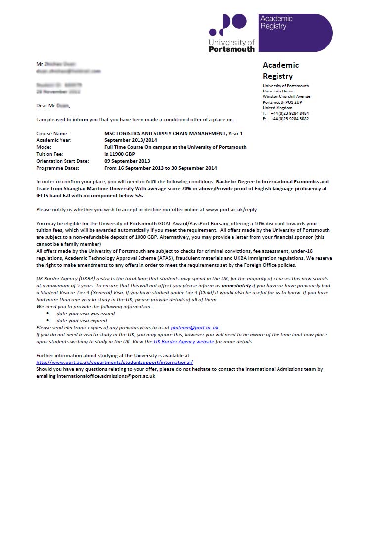 恭喜這位同學(xué)被英國樸次茅斯大學(xué)物流與供應(yīng)鏈管理專業(yè)錄取-優(yōu)越教育