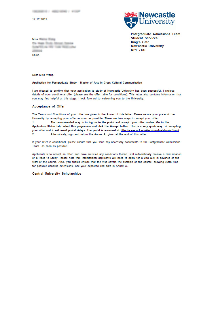 恭喜這位同學(xué)被英國紐卡斯爾大學(xué)跨文化交流（碩士）專業(yè)錄取-優(yōu)越教育