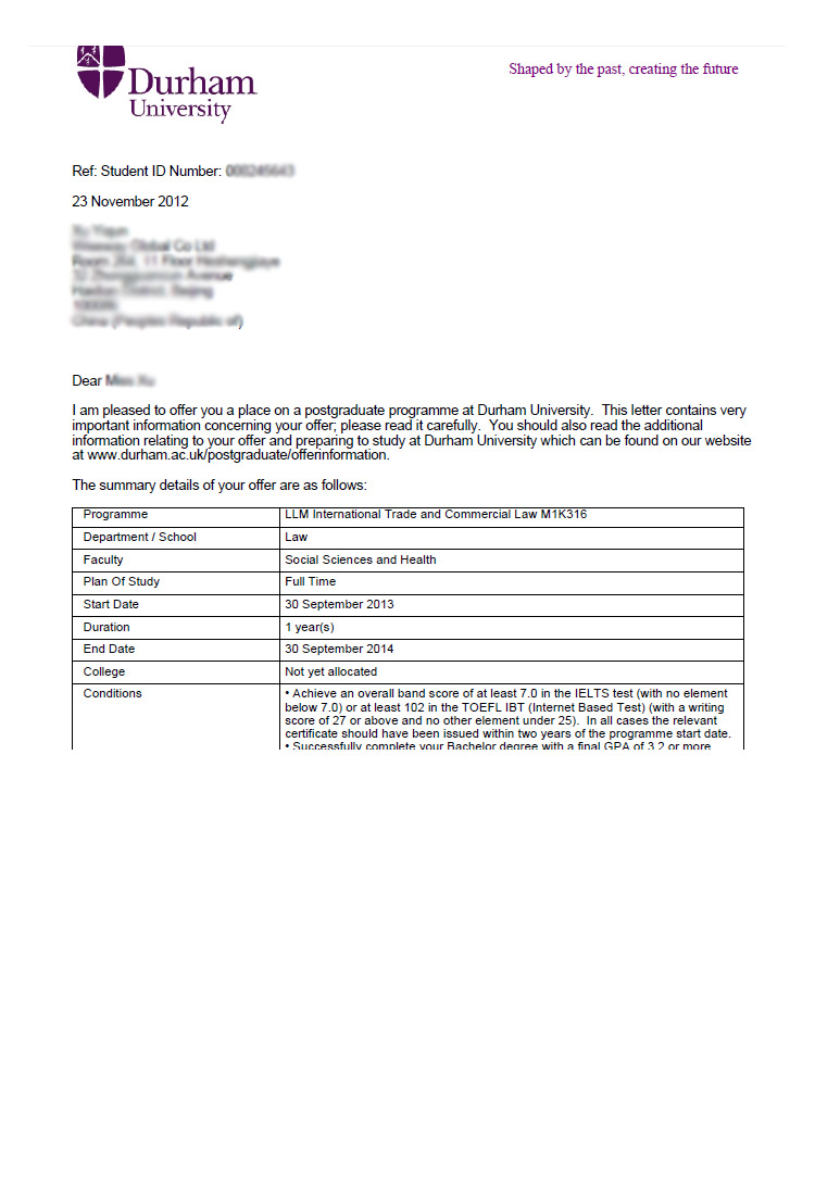 恭喜這位同學(xué)被杜倫大學(xué)國際貿(mào)易和商業(yè)法專業(yè)錄取-優(yōu)越教育