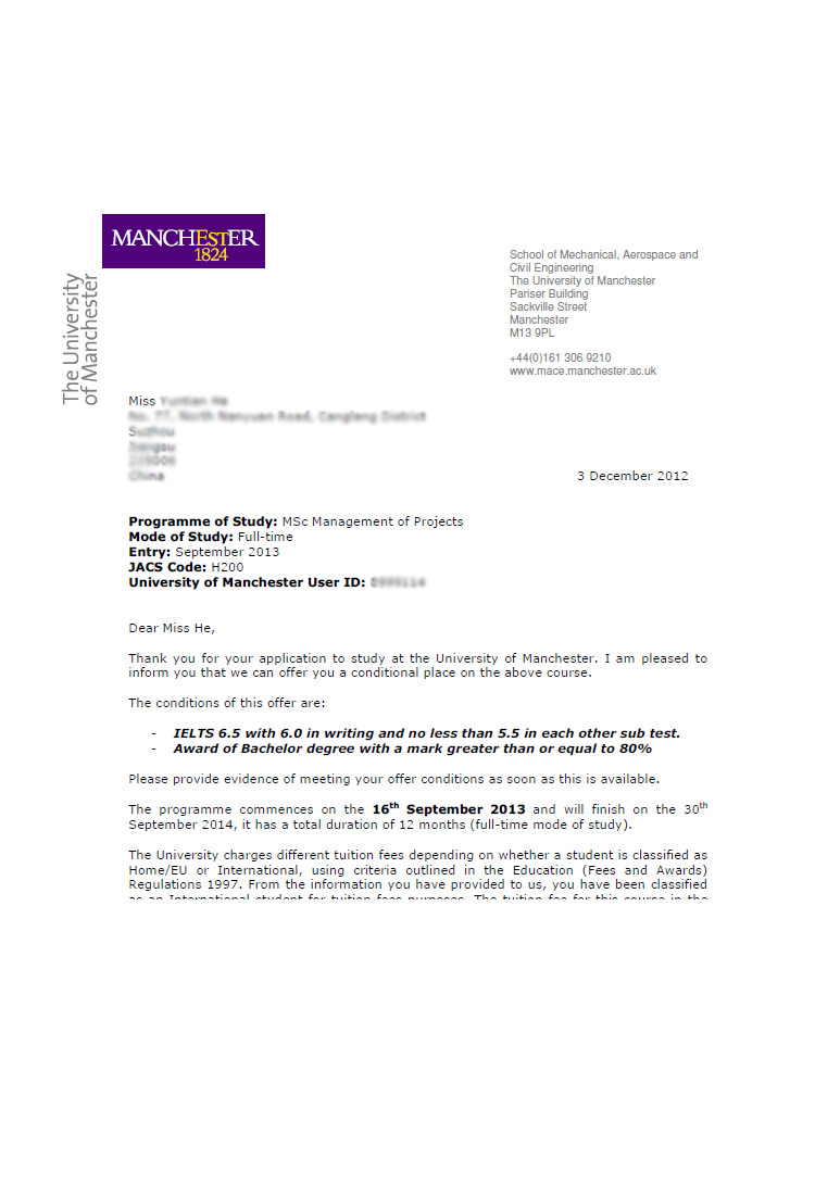 恭喜這位同學(xué)成功被曼徹斯特大學(xué)工程項(xiàng)目管理專業(yè)錄取-優(yōu)越教育