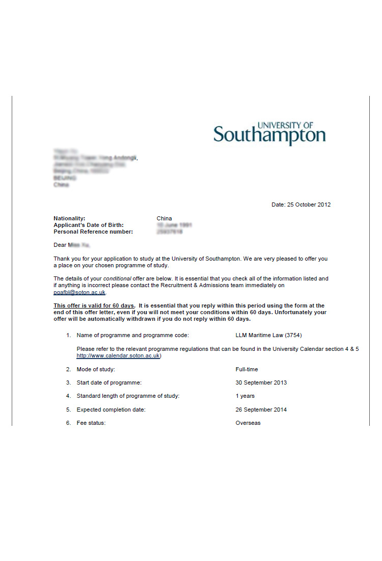 恭喜這位同學(xué)成功拿到南安普頓大學(xué)海商法專業(yè)錄取通知書-優(yōu)越教育