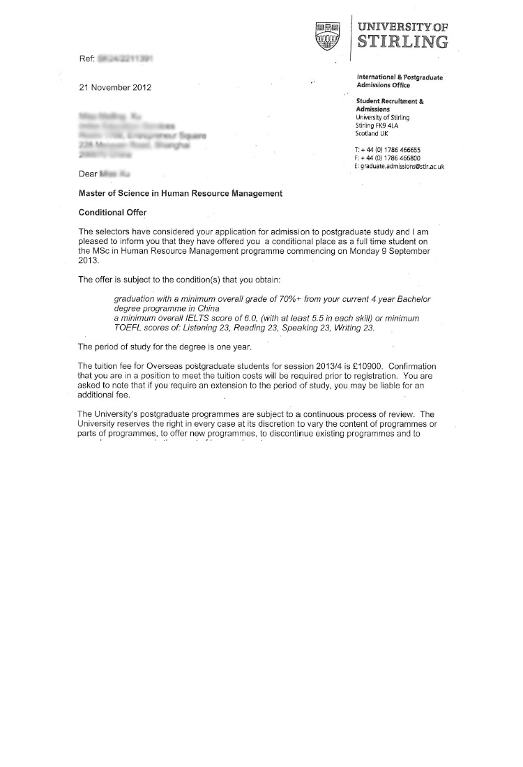 恭喜這位同學(xué)被斯特靈大學(xué)人力資源管理專業(yè)錄取-優(yōu)越教育