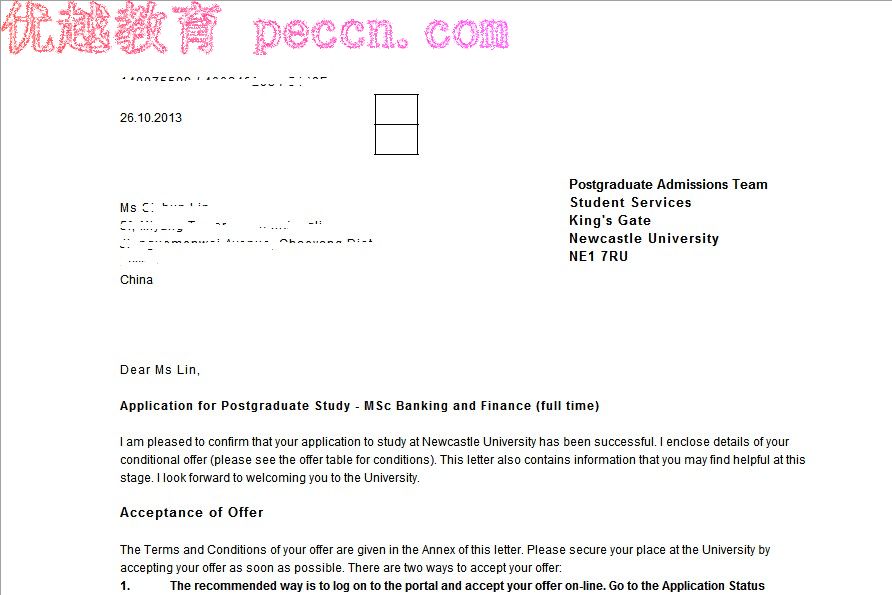 恭喜Lin同學(xué)成功申請(qǐng)到紐卡斯?fàn)柎髮W(xué)銀行與金融碩士專業(yè)-優(yōu)越教育