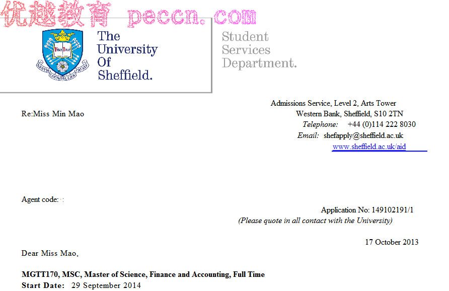 恭喜這位Mao同學(xué)成功被謝菲爾德大學(xué)金融與會(huì)計(jì)碩士專業(yè)錄取-優(yōu)越教育