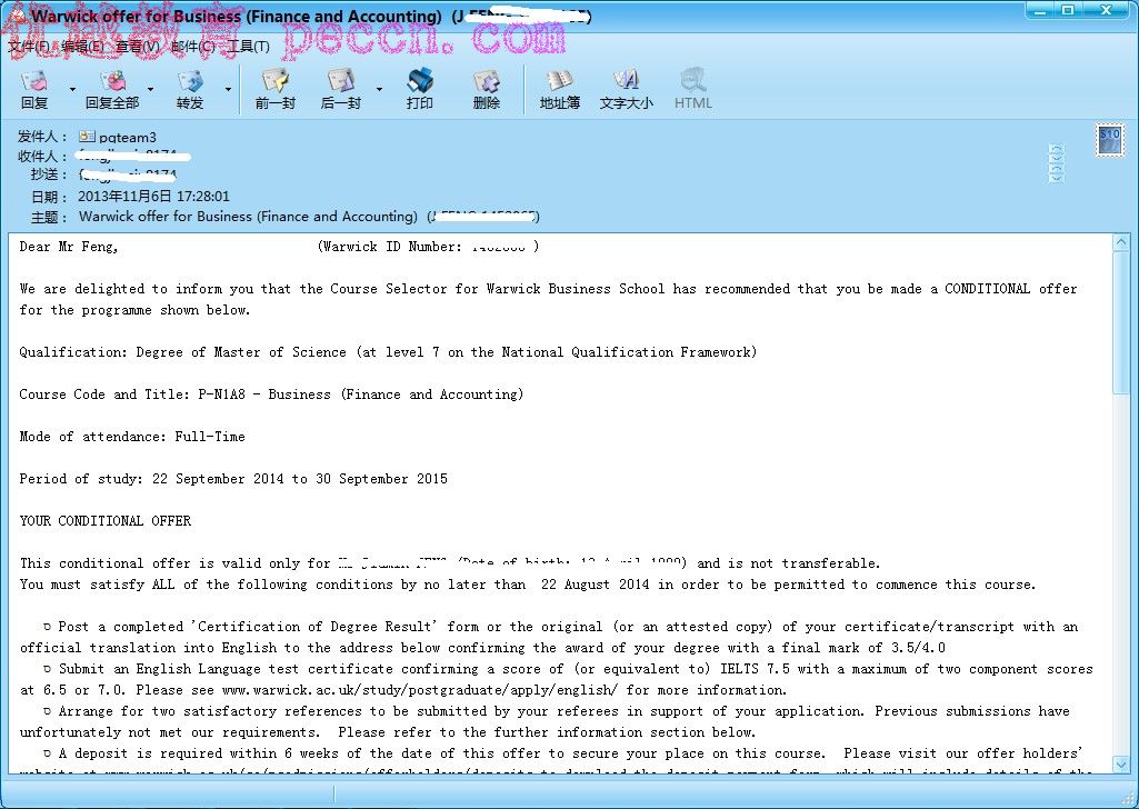 賀喜這位Feng同學拿到華威大學商業(yè)會計與金融碩士專業(yè)錄取通知書-優(yōu)越教育
