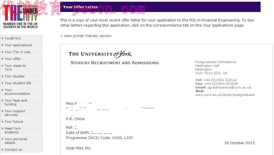 賀喜Wu同學成功拿到約克大學金融工程碩士專業(yè)錄取通知書-優(yōu)越教育 