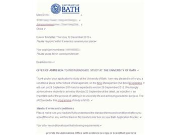 恭喜王同學被巴斯大學管理學碩士專業(yè)錄取-優(yōu)越教育