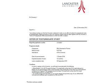 恭喜張同學被蘭卡斯特大學計量金融學碩士專業(yè)錄取-優(yōu)越教育