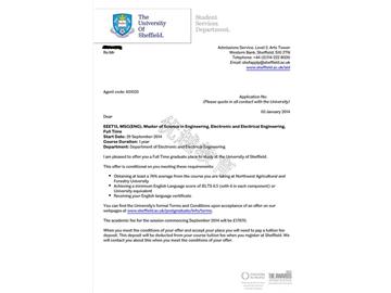 恭喜林同學(xué)成功申請(qǐng)到謝菲爾德大學(xué)研究生電子和電氣工程專業(yè)--優(yōu)越教育
