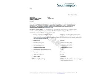 恭喜周同學(xué)成功申請到南安普頓大學(xué)研究生廣告設(shè)計(jì)管理專業(yè)--優(yōu)越教育