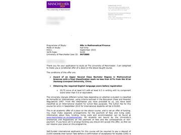 恭喜吳同學(xué)成功申請到曼徹斯特大學(xué)數(shù)學(xué)金融專業(yè)--優(yōu)越教育