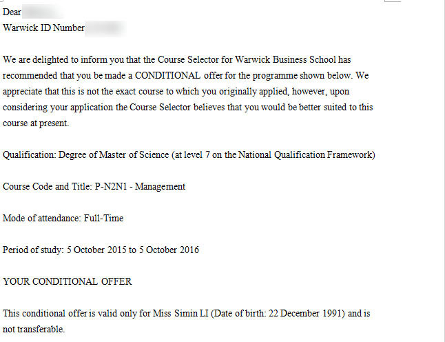 恭喜江同學(xué)成功申請到華威大學(xué)管理學(xué)碩士專業(yè)