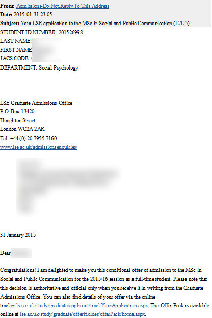 恭喜陳同學(xué)成功申請到倫敦政治與經(jīng)濟(jì)學(xué)院社會與公共傳播學(xué)碩士專業(yè)