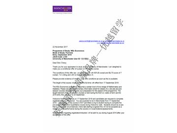 2018offer：恭喜朱同學(xué)獲得曼徹斯特大學(xué)經(jīng)濟(jì)學(xué)專業(yè)碩士通知書(shū)