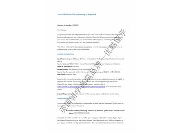 2018offer：恭喜吳同學(xué)獲得華威大學(xué)人力資源管理與勞資關(guān)系專業(yè)碩士通知書(shū)