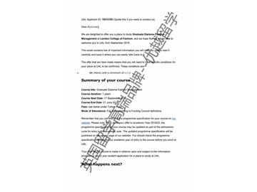2018offer：恭喜朱同學獲得倫敦藝術大學時尚管理專業(yè)碩士通知書