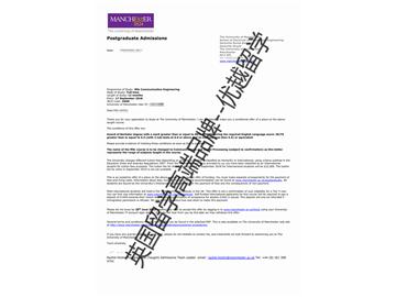 2018offer：恭喜胡同學(xué)獲得曼徹斯特大學(xué)通信工程專業(yè)碩士通知書