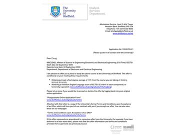 2019offer：恭喜張同學(xué)獲得謝菲爾德大學(xué)電子電氣工程專(zhuān)業(yè)碩士通知書(shū)