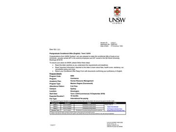 2019offer：恭喜曹同學(xué)獲得新南威爾士大學(xué)人力資源管理專(zhuān)業(yè)碩士通知書(shū)