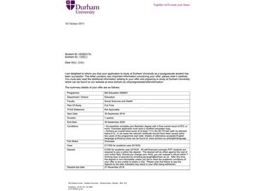 2019offer：恭喜陳同學獲得杜倫大學教育學專業(yè)碩士通知書