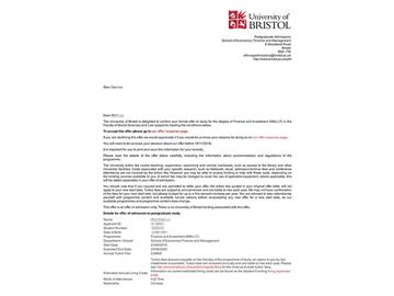 2019offer：恭喜張同學獲得布里斯托大學金融與投資專業(yè)碩士通知書