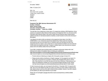 2019offer：恭喜吳同學(xué)獲得伯明翰大學(xué)（世界排名：79）MBA錄取通知書