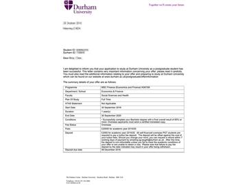 2019offer：恭喜朱同學(xué)獲得杜倫大學(xué)經(jīng)濟(jì)學(xué)與金融專業(yè)碩士通知書