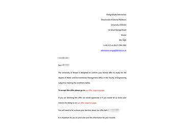 2019offer：恭喜孫同學獲得布里斯托大學水環(huán)境管理專業(yè)碩士通知書