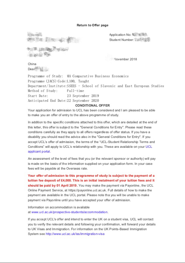 2019offer：恭喜李同學獲得倫敦大學學院比較商務經(jīng)濟學專業(yè)碩士通知書