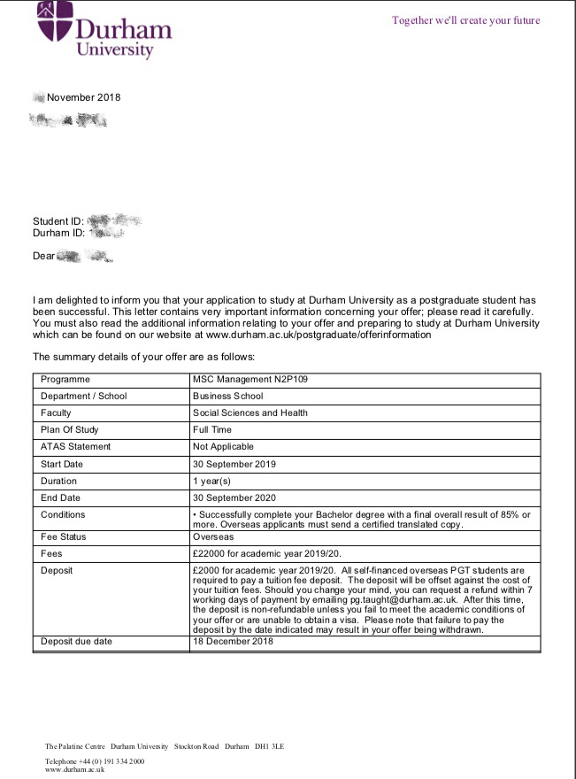 2019offer：恭喜方同學獲得杜倫大學管理學專業(yè)碩士通知書