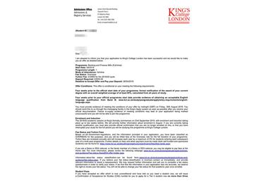 2019offer：恭喜朱同學(xué)獲得倫敦大學(xué)國王學(xué)院（世界排名：31）銀行與金融專業(yè)碩士通知書