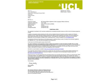 2019offer：恭喜季同學(xué)獲得倫敦大學(xué)學(xué)院對(duì)外英語教學(xué)專業(yè)碩士通知書