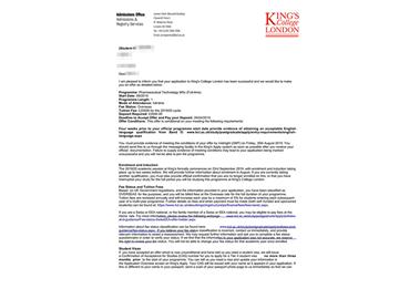 2019offer：恭喜劉同學(xué)獲得倫敦大學(xué)國(guó)王學(xué)院藥物科技專業(yè)碩士通知書