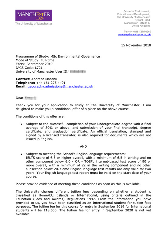 2019offer：恭喜林同學(xué)獲得曼徹斯特大學(xué)（世界排名：29）社會(huì)學(xué)專業(yè)碩士通知書(shū)