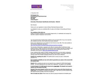 2019offer：恭喜周同學(xué)獲得曼徹斯特大學(xué)會(huì)計(jì)與金融專業(yè)碩士通知書