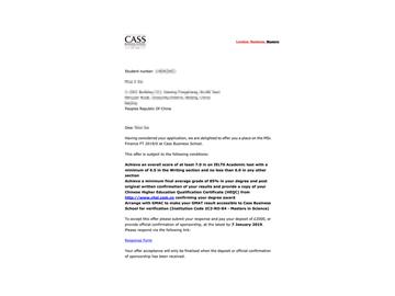 2019offer：恭喜林同學(xué)獲得卡斯商學(xué)院金融學(xué)專業(yè)碩士通知書
