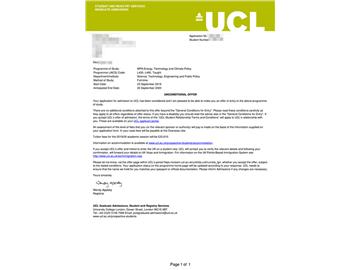 2019offer：恭喜張同學(xué)獲得倫敦大學(xué)學(xué)院能源技術(shù)與氣候政策專業(yè)碩士通知書