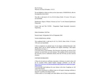 2019offer：恭喜趙同學(xué)獲得華威大學(xué)（世界排名：54）可持續(xù)汽車工程專業(yè)碩士通知書