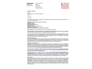 2019offer：恭喜吳同學(xué)獲得倫敦大學(xué)國王學(xué)院企業(yè)金融專業(yè)碩士通知書