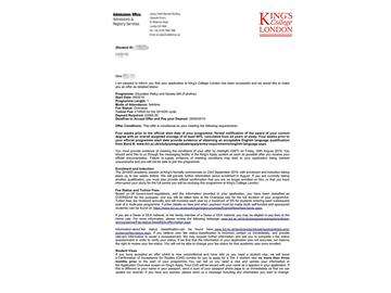 2019offer：恭喜林同學(xué)獲得倫敦大學(xué)國(guó)王學(xué)院（世界排名：31）教育政策與社會(huì)專業(yè)碩士通知書(shū)