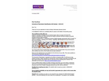 2019offer：恭喜林同學(xué)獲得曼徹斯特大學(xué)（世界排名：29）會(huì)計(jì)學(xué)專業(yè)碩士通知書(shū)