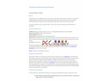 2019offer：恭喜丁同學(xué)獲得華威大學(xué)（世界排名：54）高分子化學(xué)專業(yè)碩士通知書