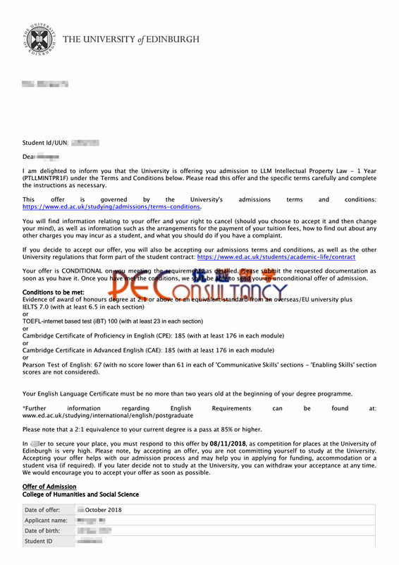 2019offer：恭喜韓同學(xué)獲得愛丁堡大學(xué)（世界排名：18）知識(shí)產(chǎn)權(quán)法專業(yè)碩士通知書