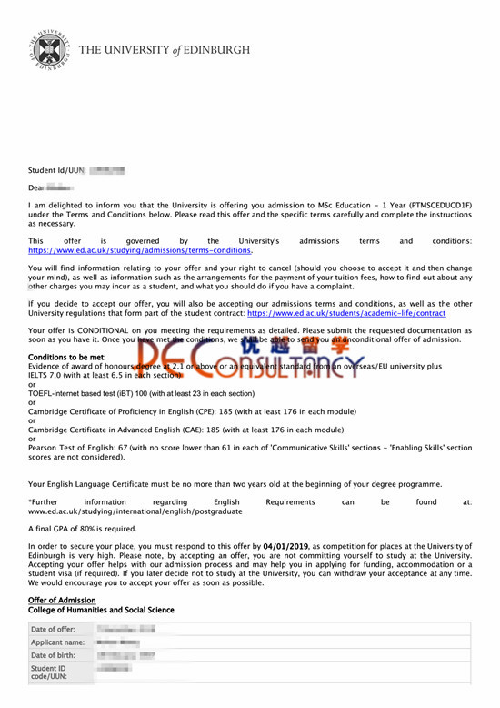 2019offer：恭喜李同學(xué)獲得愛丁堡大學(xué)（世界排名：18）教育學(xué)專業(yè)碩士通知書