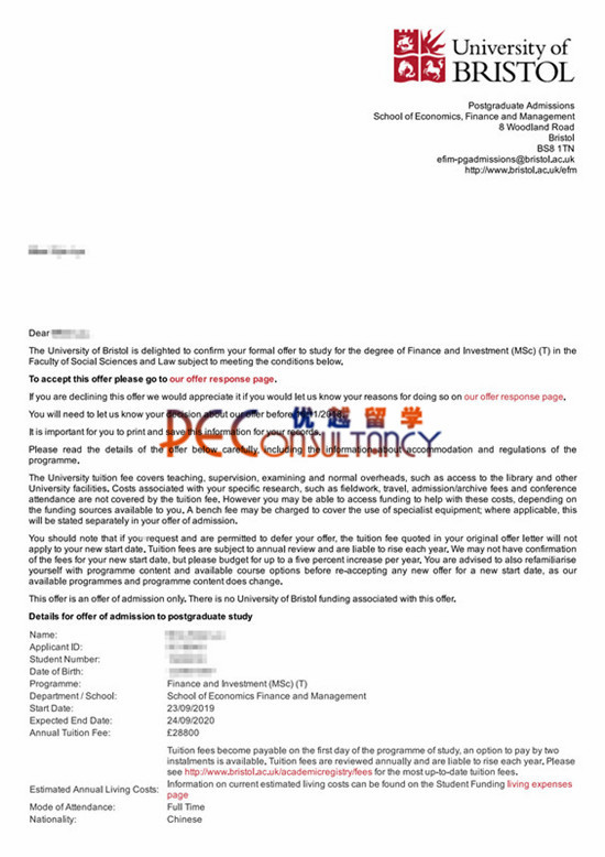 2019offer：恭喜寧同學(xué)獲得布里斯托大學(xué)（世界排名：51）金融與投資專業(yè)碩士通知書
