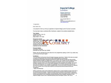 2019offer：恭喜張同學(xué)獲得帝國理工學(xué)院(世界排名：8)投資與健康管理碩士通知書