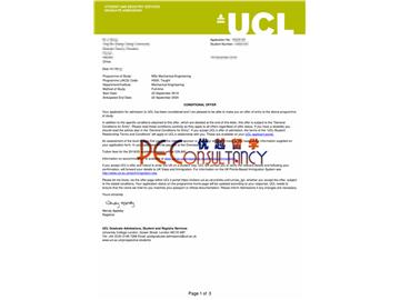 2019offer：恭喜王同學(xué)獲得倫敦大學(xué)學(xué)院(世界排名：10)機械工程專業(yè)碩士通知書