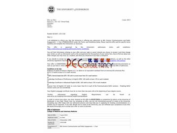 2019offer：恭喜吳同學(xué)獲得愛(ài)丁堡大學(xué)(世界排名：20)科學(xué)傳播與公共管理專(zhuān)業(yè)碩士通知書(shū)
