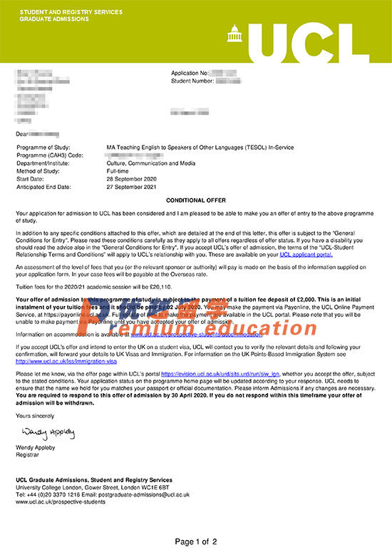 2020offer：恭喜黃同學(xué)獲得倫敦大學(xué)學(xué)院對(duì)外英語(yǔ)碩士通知書(shū)